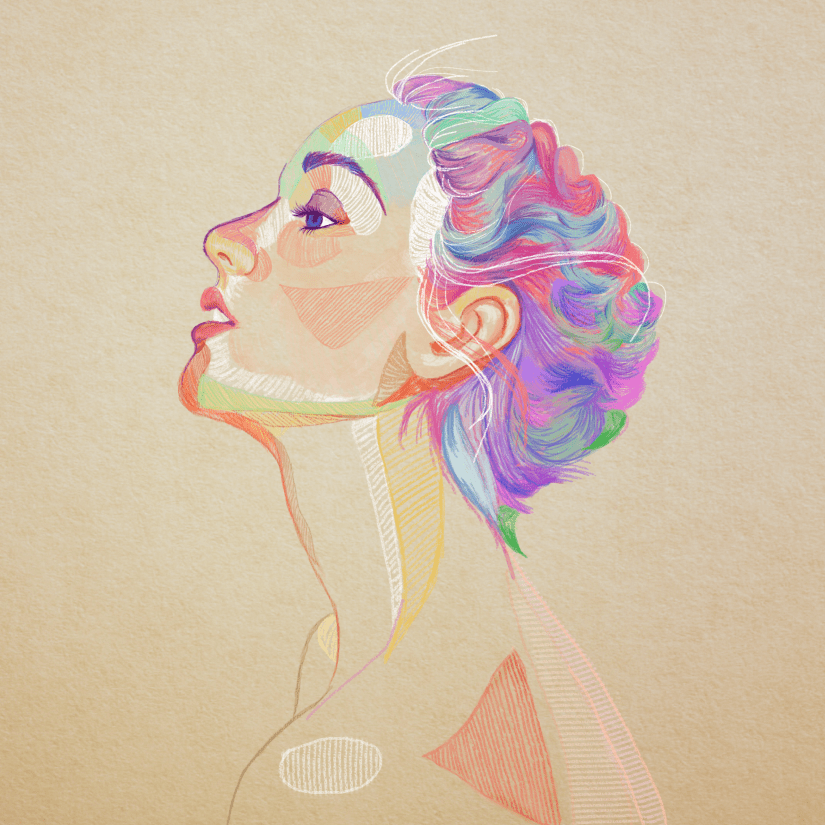 woman with bright colored hair artwork